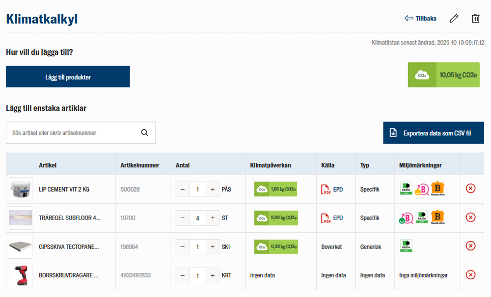 nomenu Klimatkalkyl hos Lyresunds Trävaru som visar byggprodukters klimatpåverkan och miljömärkning.