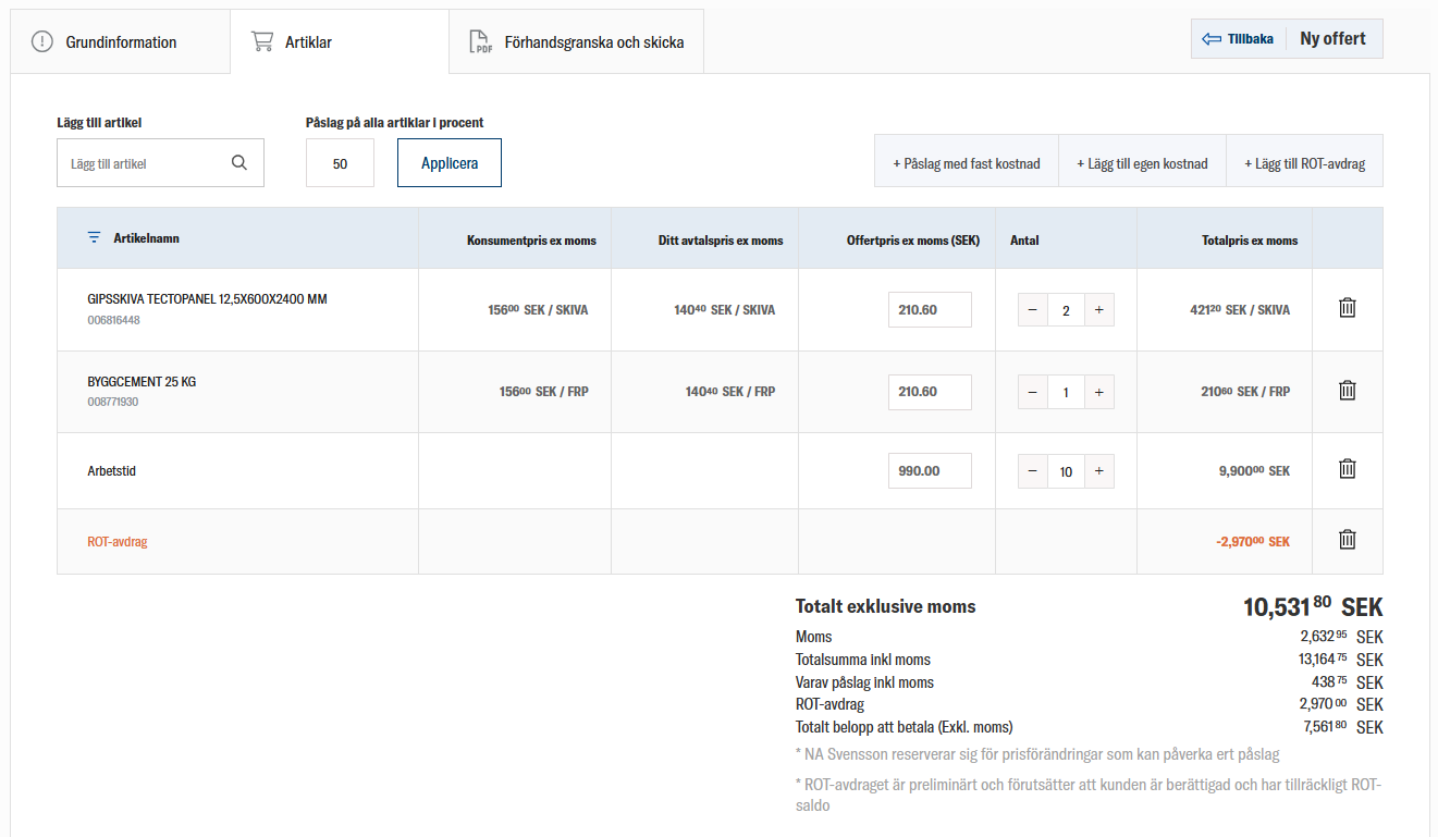 Offertverktyg hos Lyresunds Trävaru som visar artiklar, pris och ROT-avdrag.