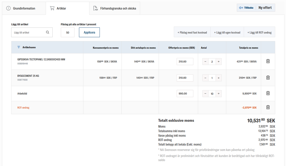 nomenu Offertverktyg hos Lyresunds Trävaru som visar artiklar, pris och ROT-avdrag.