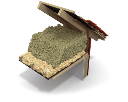 Takmodell med flera lager inkluderar trä, isolering, och takpannor i olika vinklar.