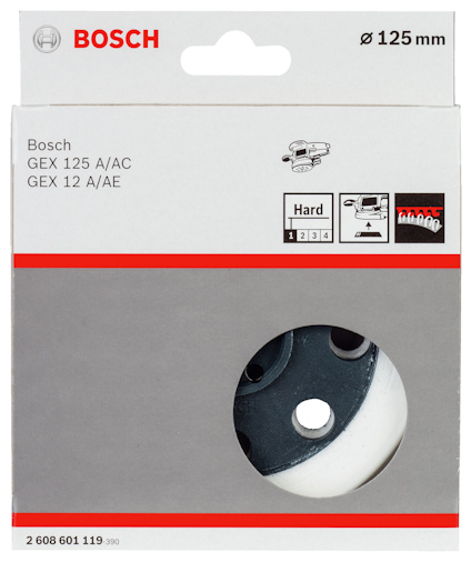 Bosch slipskiva för GEX 125, 125 mm, förpackning med text och bilder på verktyg och användningsområde.