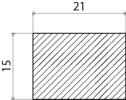 Rektangel med diagonala linjer, bredd markerad som 21 och höjd som 15.