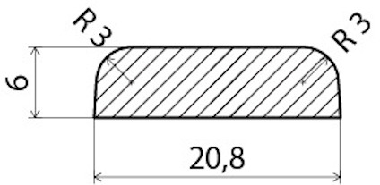 Ritning av en rektangulär profil med måtten 20,8x6 mm och rundade hörn med radie 3 mm.