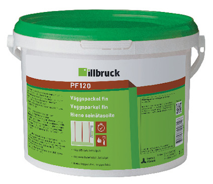 Vit rund burk med grön lock och etikett med texten "illbruck PF120 Väggspackel fin" på flera språk.
