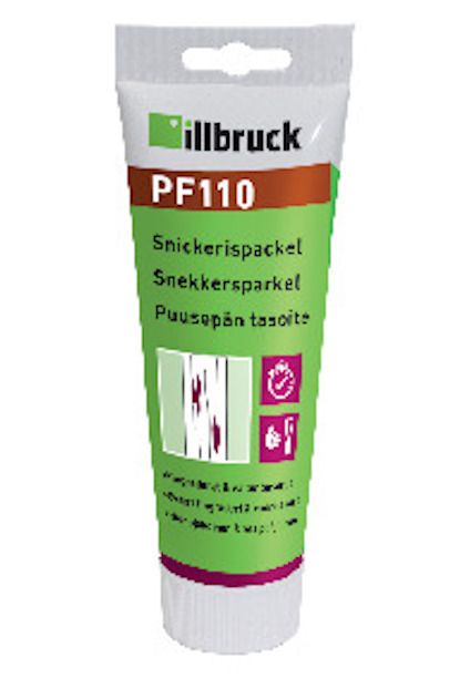 Tub med texten "illbruck PF110 Snickerispackel" och text på flera språk.