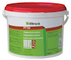 Vit plastbehållare med rött lock, etikett märkt med "illbruck" och produktinformation för Väggspackel PF130 Medium.