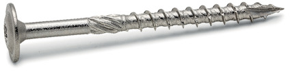 Metallisk träskruv med delgänga, platt huvud och spiralformade gängor.
