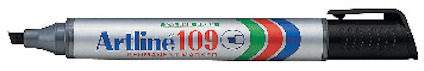 Artline 109 permanent marker, silver kropp, svart kork och bred snedskuren spets.