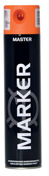 Sprayburk med texten "MARKER" och "MASTER", orange lock, svart kropp.
