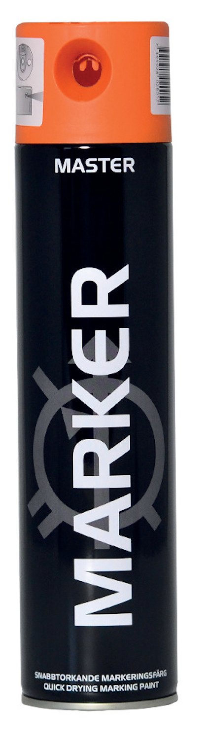 Sprayburk med texten "MARKER" och "MASTER", orange lock, svart kropp.