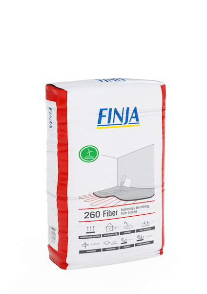 Vit och röd säck med texten "FINJA 260 Fiber Adjusting & Evening Fine Screed" och illustration av golvavjämning.