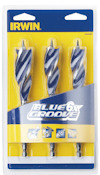Förpackning med tre spiralborrar i olika storlekar, märkta "IRWIN" och "BLUE GROOVE".