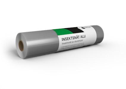Rulle med insektsnät av aluminium, märkt med texten "INSEKTSNÄT ALU" och förpackad i plast med etikett.