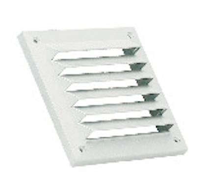 Vitt ventilgaller med horisontella lameller och fyra monteringshål i hörnen.