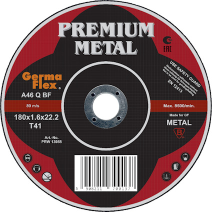 Rund kapskiva med texten "PREMIUM METAL" samt produktinformation och varningsinstruktioner tryckta på ytan.