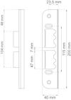 Ritning av dörrlås med mått: 104mm, 48mm, 40mm, 23,5mm, 115mm, 200mm, 47mm, 7mm.