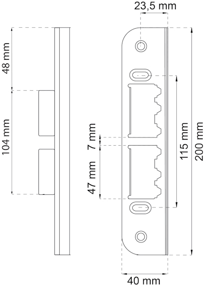 Ritning av dörrlås med mått: 104mm, 48mm, 40mm, 23,5mm, 115mm, 200mm, 47mm, 7mm.