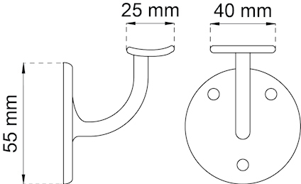 Streckritning av en rund väggkrok med måtten 25 mm och 40 mm i bredd, samt 55 mm i höjd.