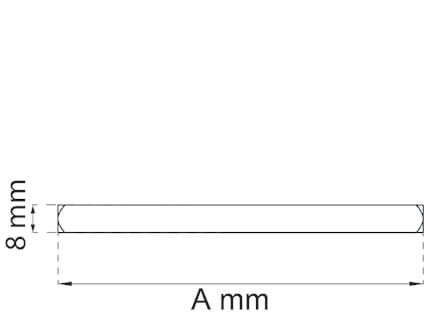 Rektangel med mått, höjd 8 mm och längd A mm, båda markerade med pilar och linjer.