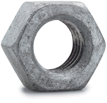 Sexkantig metallmutter med gängor synliga inuti, grå och något sliten yta.
