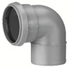 Grå rörböj med en 90-graders vinkel och en muffanslutning, mot en vit bakgrund.