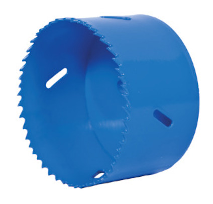 Cylindrisk blå hålsåg med tänder längs ena kanten och öppningar på sidan.