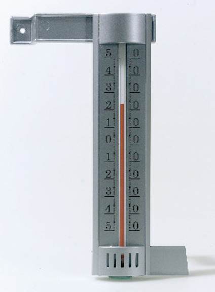 Utomhustermometer i silver med graderingsskala från -50 till +50 och en röd kvicksilverpelare i mitten.