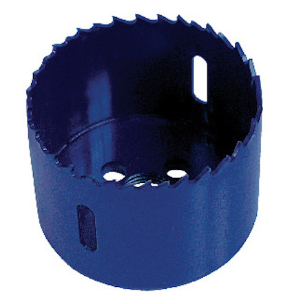 Cirkulär hålsåg med tandad kant och en blå, metallisk yta.