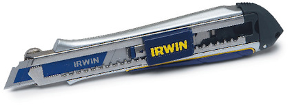 Grå och blå brytbladskniv med skruv för låsning, märkt med "IRWIN" i gult.