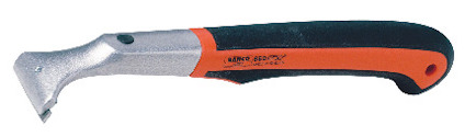 Handverktyg med ergonomiskt orange och svart handtag och metallblad i ena änden, troligtvis en färgskrapa.