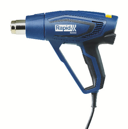 Blå varmluftspistol med texten "Rapid R2000" synlig på sidan och ett svart handtag med strömkabel.