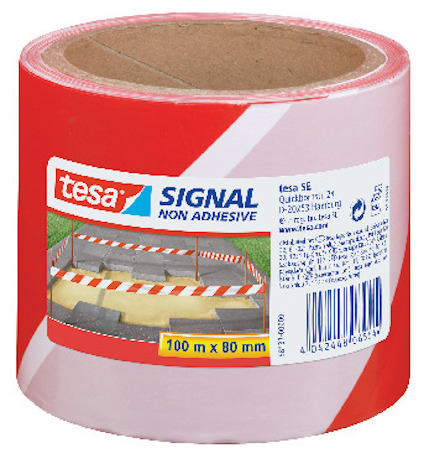 Röd och vit randigt avspärrningsband från tesa, märkning "SIGNAL NON ADHESIVE".