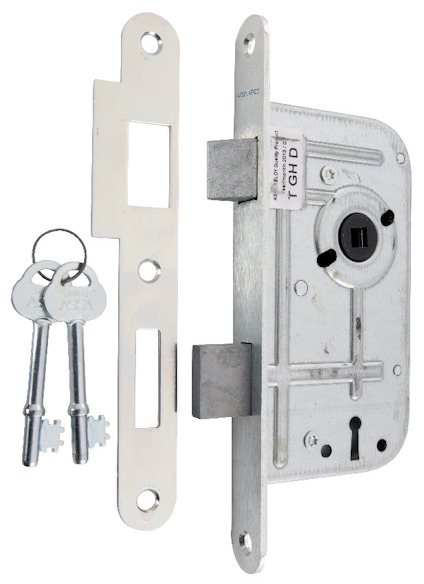 Låshus med två nycklar och en rektangulär metallskena.