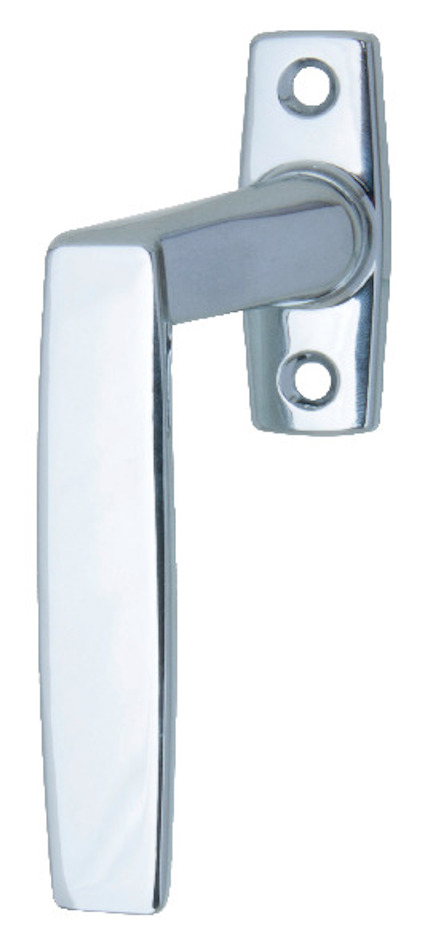 Fönsterhandtag i blankt krom med rektangulärt grepp och två skruvhål i basfästet.