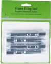 Förpackning med fyra fästdon, märkt "Frame fixing tool" från ESSVE.