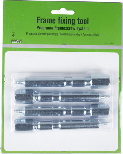 Förpackning med fyra fästdon, märkt "Frame fixing tool" från ESSVE.
