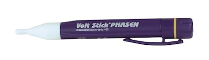 Lila och vit spänningsdetektorpenna med texten “Volt Stick® PHASEN SAGAB Electronics AS” och fickklämma.