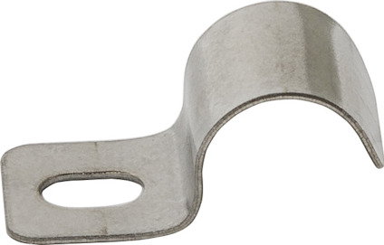 Metallisk ledningshållare med oval öppning och böjd design.