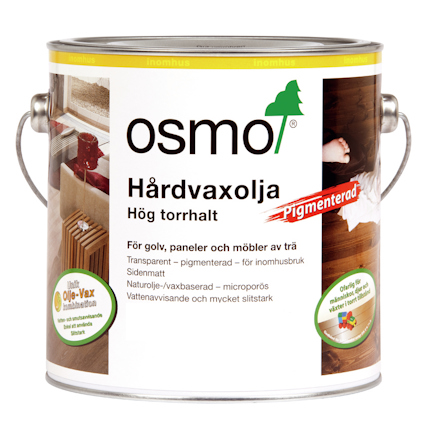 Plåthink med Osmo hårdvaxolja, vit pigmenterad, för golv och möbler av trä.