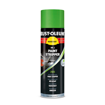 Sprayburk för färgborttagare, svart och grön etikett med text: "Rust-Oleum, Hard Hat, NR.1 Paint Stripper".