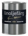 Burk med linoljefärg, etikett "linoljefärg JÄRNOXIDSVART NCS 8901-R65B".