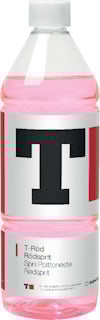 Plastflaska med rosa vätska, etikett med text: "T-Röd, Rödsprit, Sprit Polttoneste, Rödsprit".