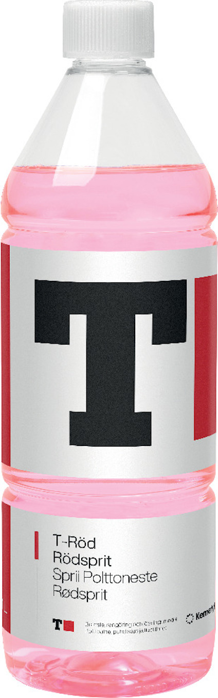 Plastflaska med rosa vätska, etikett med text: "T-Röd, Rödsprit, Sprit Polttoneste, Rödsprit".