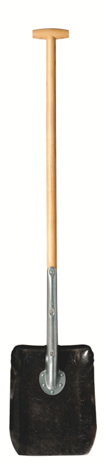 Skyffel med trähandtag och svart blad.