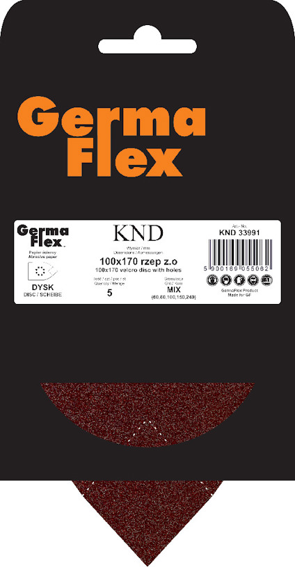 Förpackning med röd sandpapperskudde, märkt "Germa Flex", detaljinformation ovanpå.