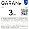 Etikett med texten "GARAN" följt av olika språk för "Tillverkargaranti i år": "3" och "365". EU-logotyp synlig.