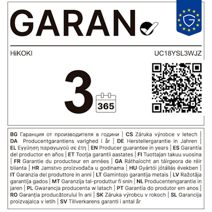 GARAN 3 år/producentgaranti 365. Flerspråkig produktetikett med garantisymboler.